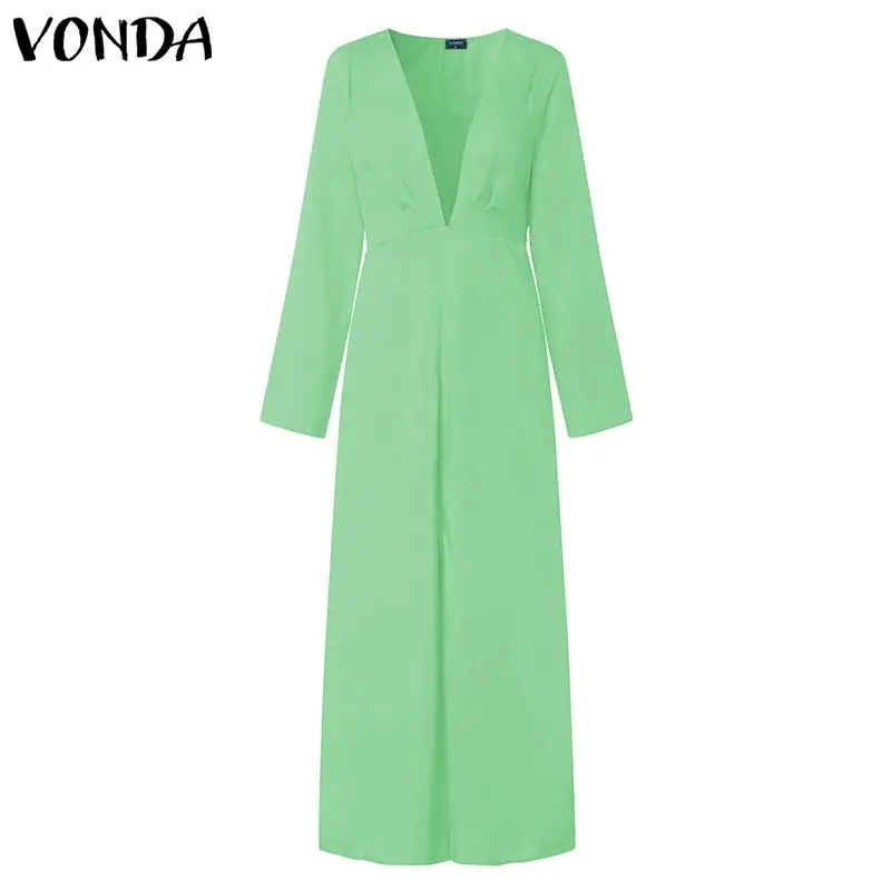 green Женское летнее платье размера плюс, VONDA, винтажный комбинезон, сексуальный глубокий v-образный вырез, сарафан, ночные вечерние платья, повседневное платье, Femme 5XL - Цвет: green