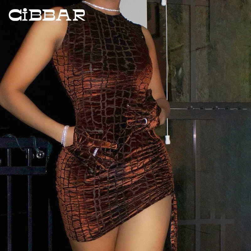 

CIBBAR Casual Vintage Drawstring Sexy Bodycon Mini Dress Women Harajuku Solid Sleeveless O Neck Skinny Chic Club Female Dresses