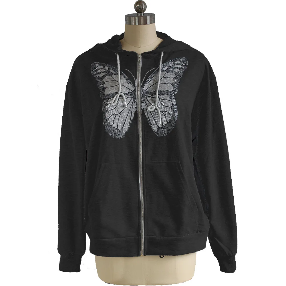 

Женская толстовка с длинным рукавом, серые толстовки оверсайз с принтом бабочки, повседневные свободные толстовки на молнии в стиле 90-х, 2021