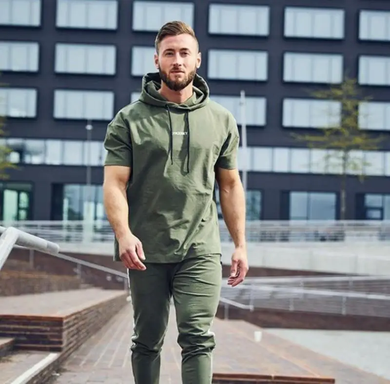 

Autumn muscle brothers fitness hoodie male hooded half sleeve head fleece vest absorb sweat running workout clothes