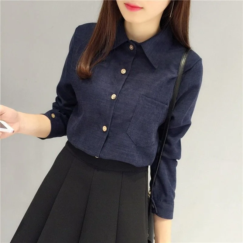 

2022 New Fashion Woman Corduroy Shirt Solid Color Single Breasted Turndown Collar Long Sleeve Pocket Button Feminina X265