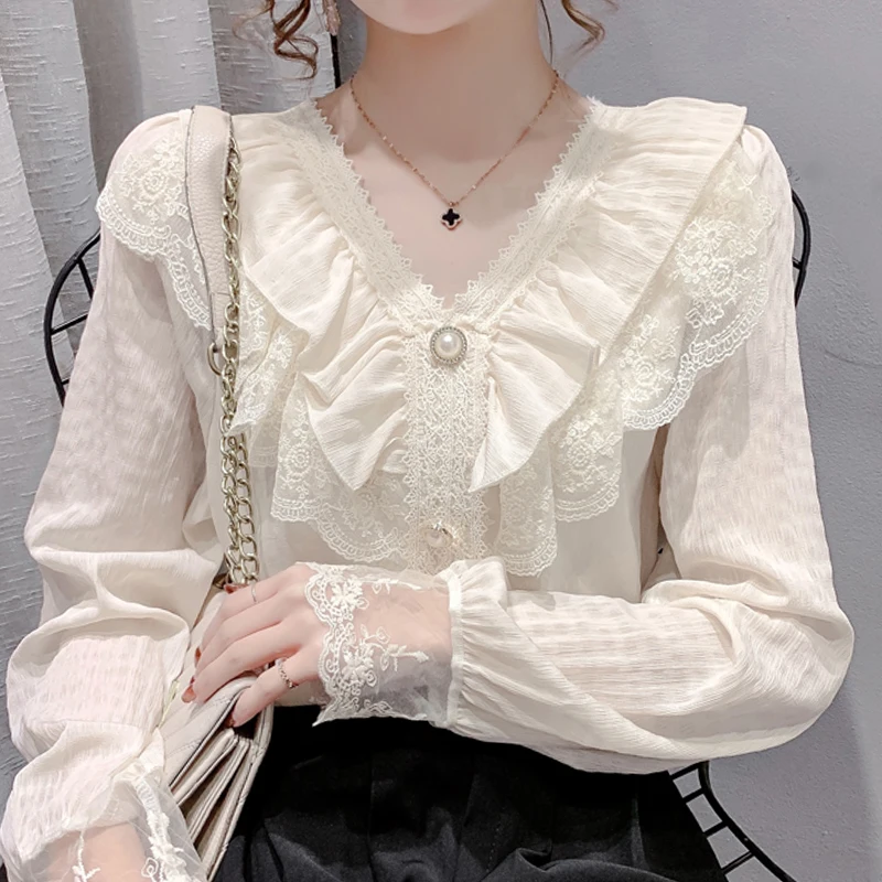 

Autumn Women Lace Ruffles Chiffon Blouse Shirt Women Tops Long Sleeve Blouse Women Blusas Mujer De Moda 2022 Blouses Femme F145