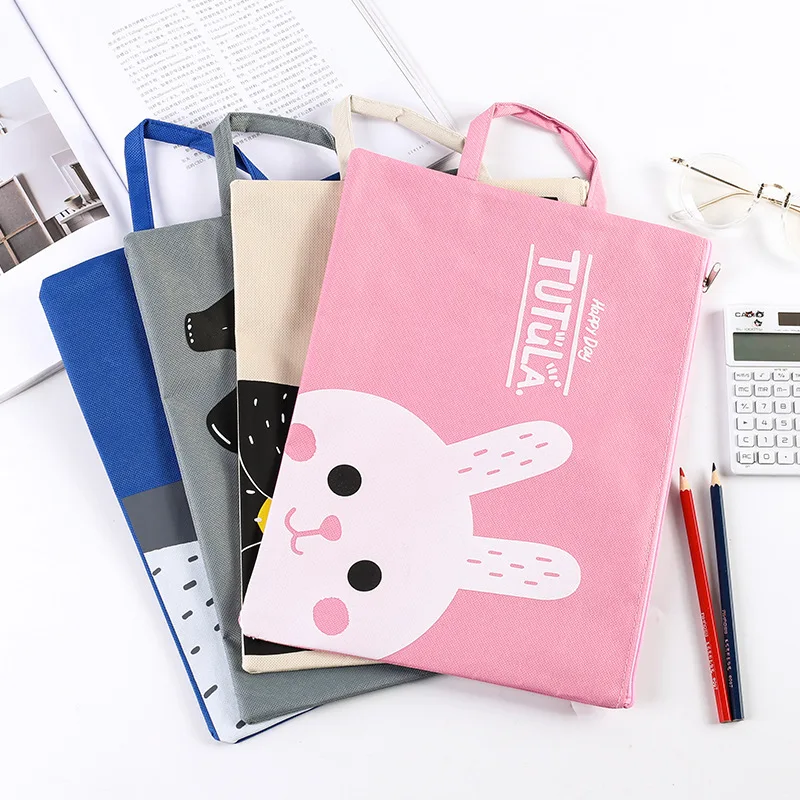 

4 Pcs/Lot Cartoon Zipper Large Capacity A4 Document Bag Student Tote Bag Female Oxford Canvas Information Bag