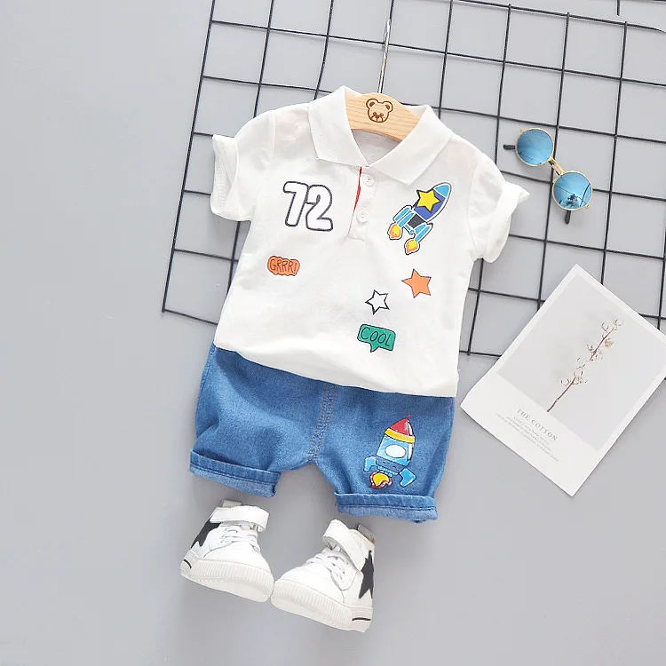 18 Month Boy Clothes Summer Rocket Turn Down Collar Short Sleeved T-shirts + Denim Shorts 2PCS Outfits Kids Bebes Jogging Suits |