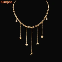 kunjoe fashion rhinestone necklaces pendants vintage moon star choker necklace for women gold color chain summer party jewelry