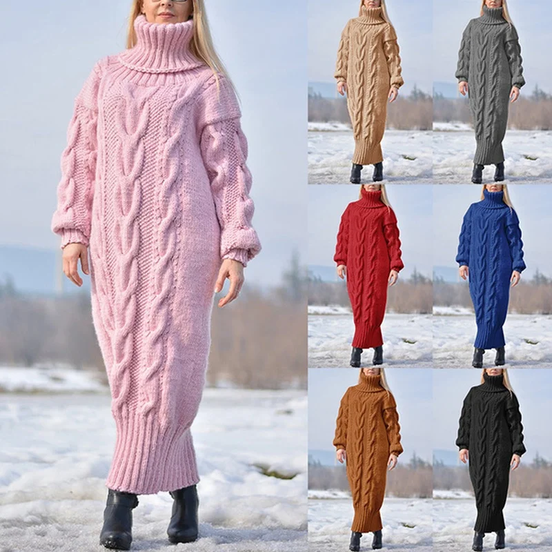 

Sweater Dress Women Long Sleeve High Neck Knitted Pullover Dress Soft Warm Solid Color Oversize Bodycon Jumper Female Dress
