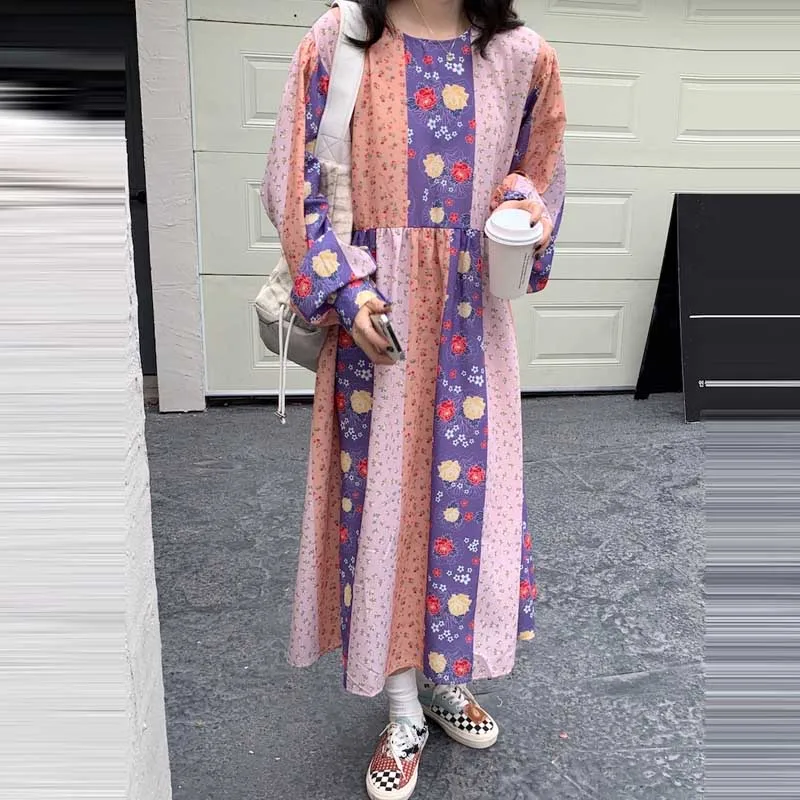 2021 mujeres impresión Floral vestido coreano de manga larga de una sola pieza Casual vestidos primavera otoño señoras vestido elegante vestido largo