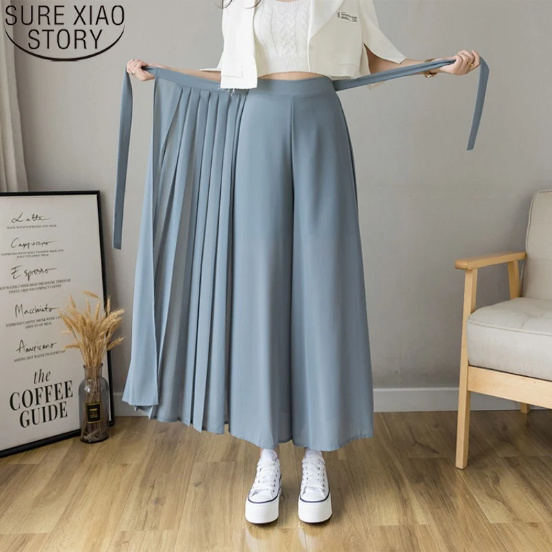 

Spring Summer New Style Korean Women Pleated Chiffon Trousers Plus Size High Waist Pants Hakama Casual Wide Leg Pantalones 15888