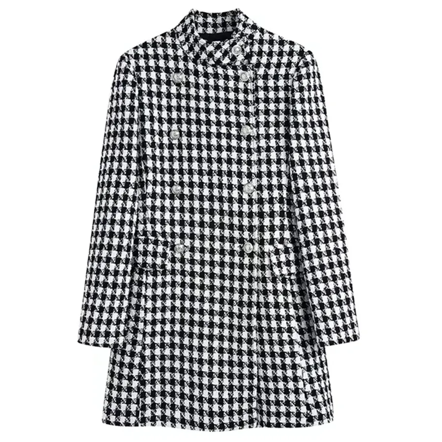 

Двубортное длинное пальто Elmsk в английском стиле с рисунком «гусиные лапки», с воротником-стойкой, Женский тренчкот, Женское зимнее шерстян...