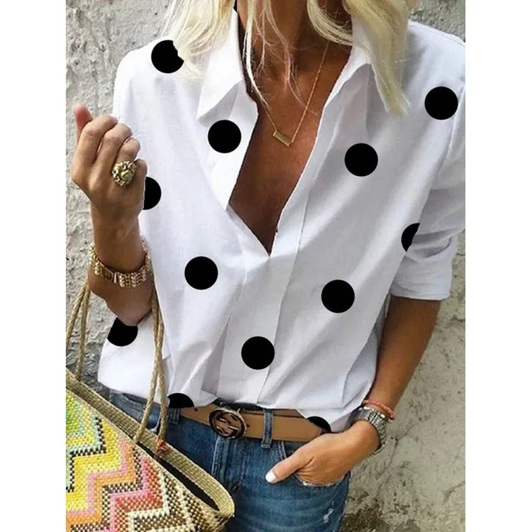 

2020 spring and autumn new women's polka dot printing V-neck pullover long-sleeved shirt Korean fashion clothing S-5XL