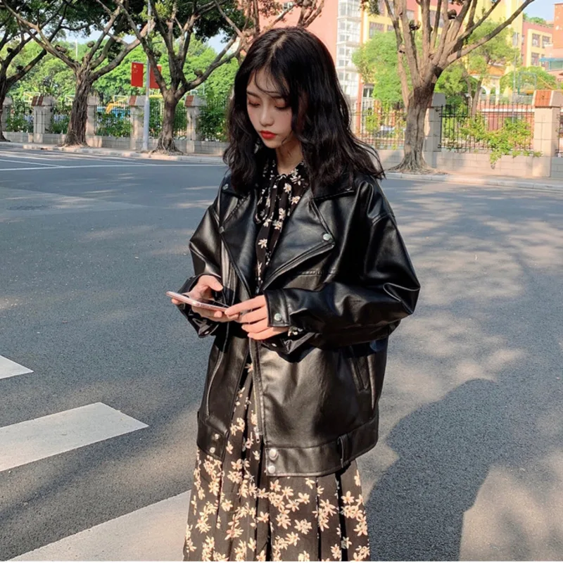 Women Loose Pu Leather Jacket Black Soft Faux Leather Street Coat Casual Outerwear Veste Femme Casaco Feminino Jaqueta Chaquetas