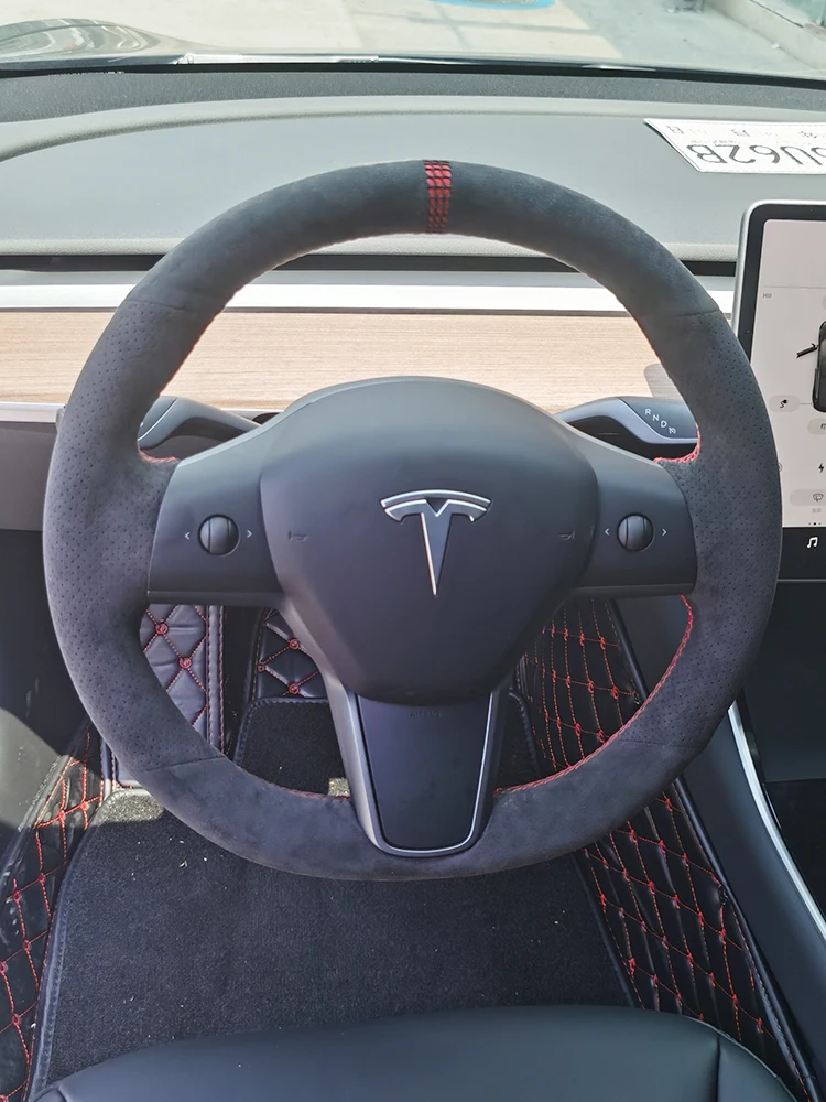 

DIY hand-stitched suede leather car steering wheel cover for Tesla 3 Model 3 Model S Model X Y