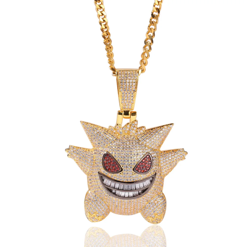 

Super Big Gengar Iced Out CZ Pendant Necklace Mens with Cuban Chain Hip Hop Gold Silver Purple Charms Chain Necklace Jewelry