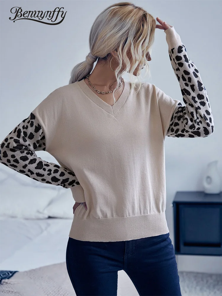 

Benuynffy V-neck Leopard Drop Shoulder Sweater Women Spring Fall Casual Pullover Ladies Fashion Apricot Knitted Jumper 2021
