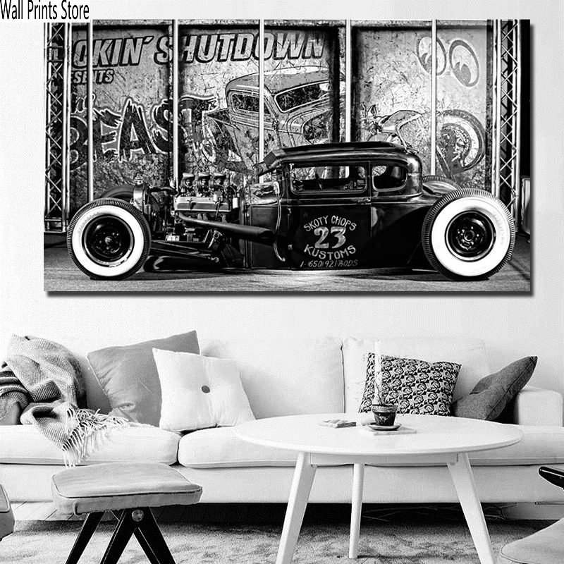 Hot Rod автомобиль в винтажном стиле Цвет черный и белый плакаты постеры на холст