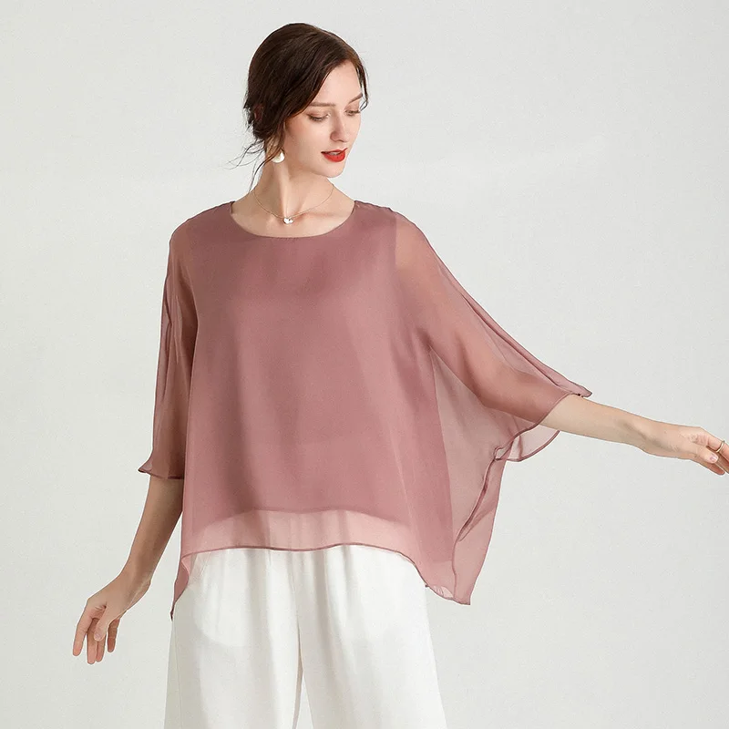 

Women Pink Chiffon Tops Tshirts Summer Fashion Solid Elegant Plus Size 2021Office Lady Casual Teeshirts Tees Female 4XL