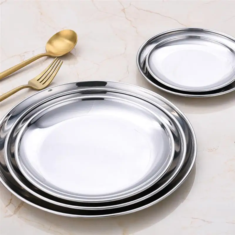 

2pcs Stainless Steel Plate Thickened Round Barbecue Plate Cake Plate Bone Dish Food Plate for Home Kitchen Accessories