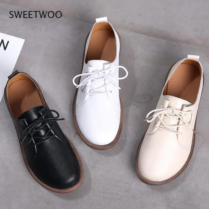 Women Genuine Leather Flat Shoes Lace Up Casual Shoes Solid Color Oxfords Spring / Fall 2021