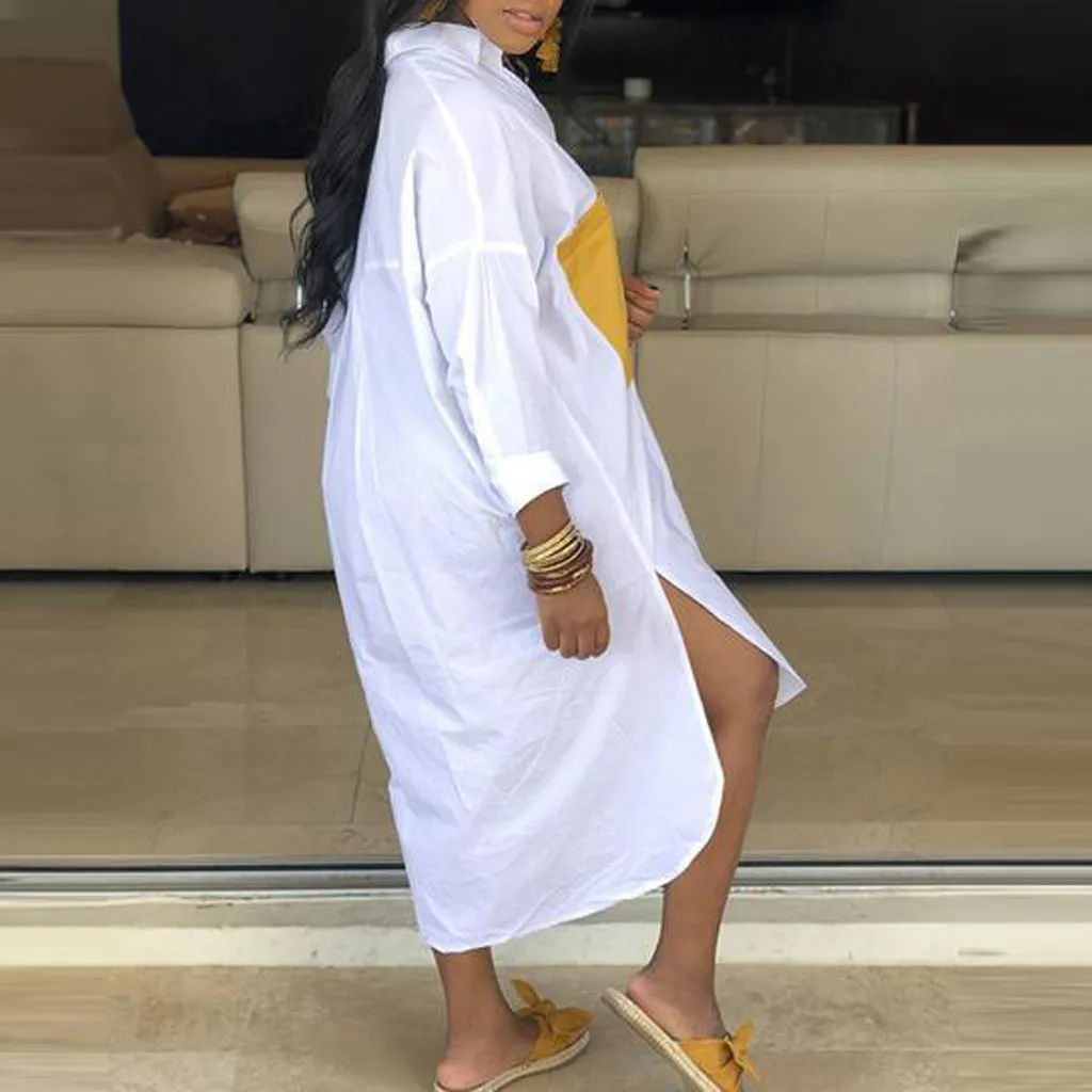 Женское длинное платье-рубашка размера плюс белое лоскутное платье с отложным
