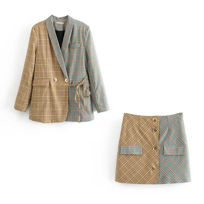 Женская костюмная юбка костюм с длинными рукавами строченный пиджак в клетку