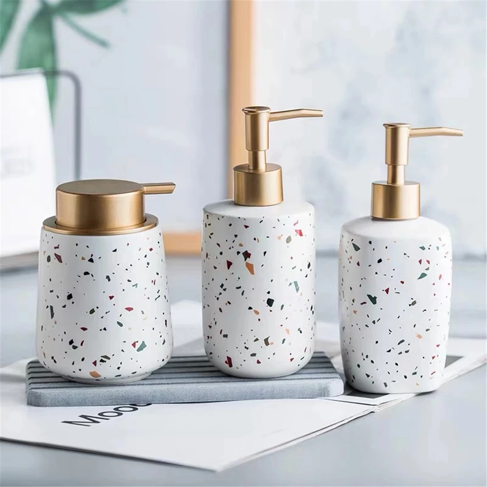 

High-End Terrazzo Style Liquid Soap Dispenser Ceramic Material Exquisite Shampoo Dispenser Hand Soap Bottle Bathroom Accessories