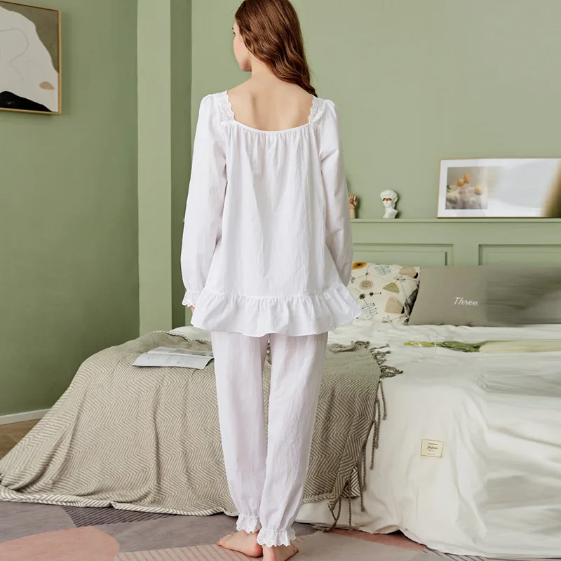 horswula White Long-sleeved Dress Woman Pajamas Suits Ladies Palace Large Size Loose Home Clothes Square Collar Cute Sleepwear