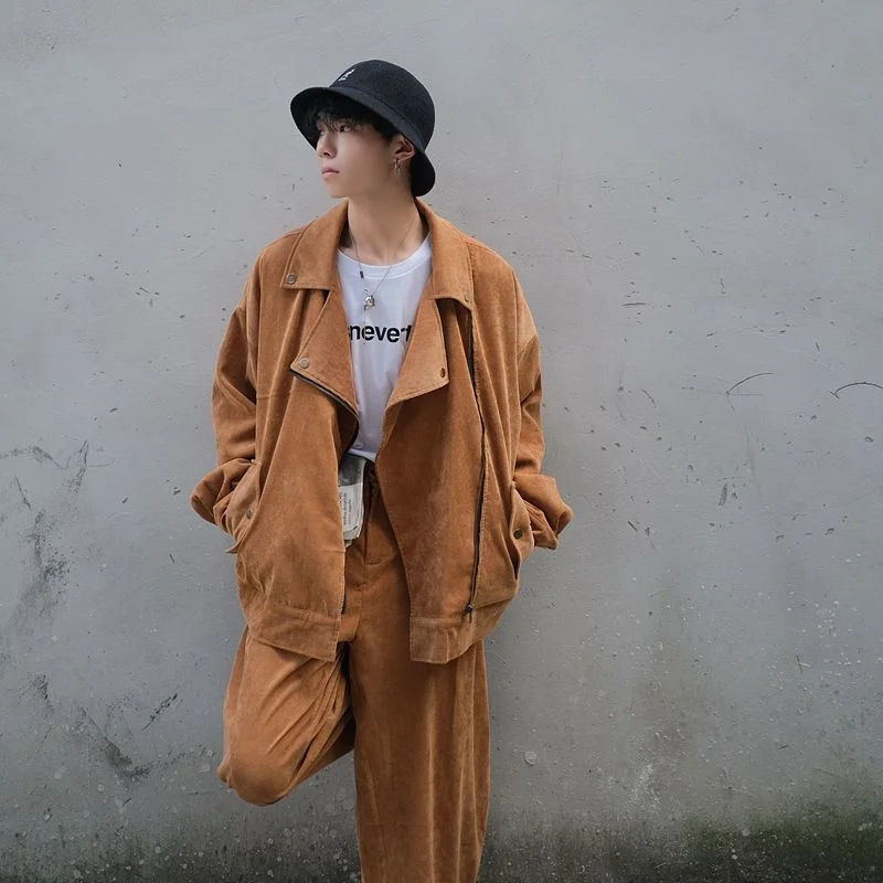 

Autumn Corduroy Sets Men's Fashion Retro Black/Brown Corduroy Jacket Trousers Mens Streetwear Loose Harajuku Two-piece Sets Mens