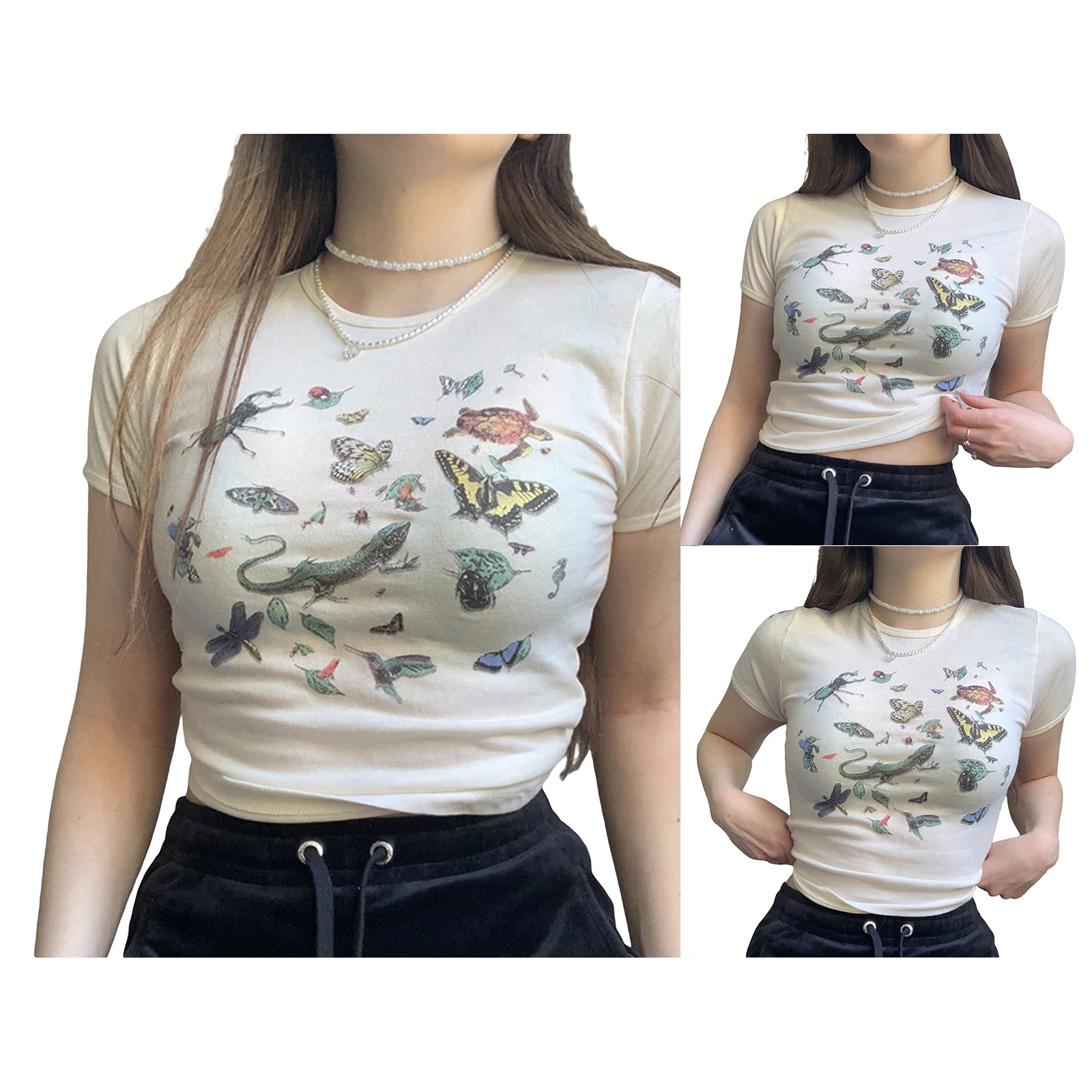 

Female Casual Short Sleeve Crop Tops Insect Animal Printed Vintage Stylish Round Neck Slim Fit T-Shirts Summer Wild Daily Wear