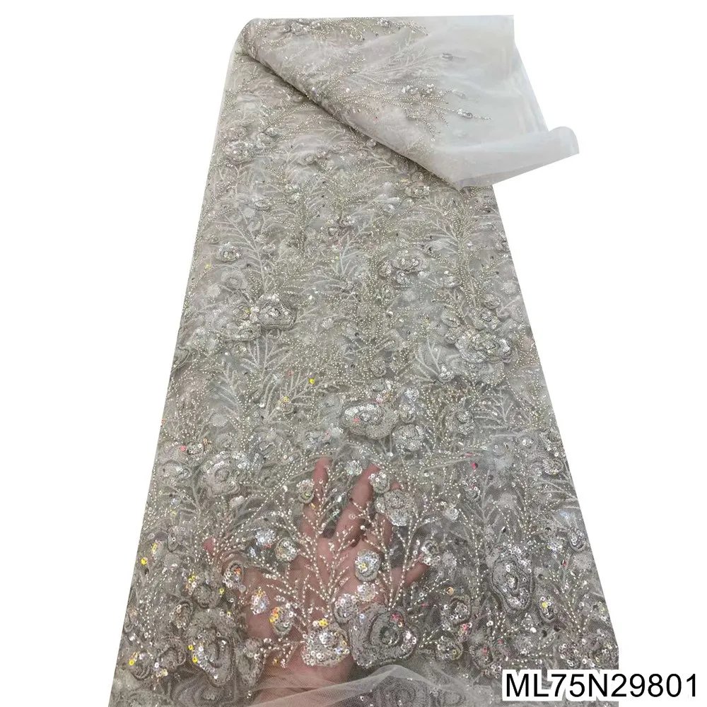 

2021 Nigerian High Quality Embroidery Net Lace Fabric with sequins Beads lace fabric 5 yards for wedding dress ML75N298/ML75N299