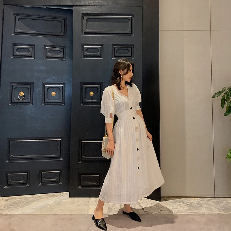 Элегантное Вечернее Платье во французском стиле белое платье в полоску с рукавом