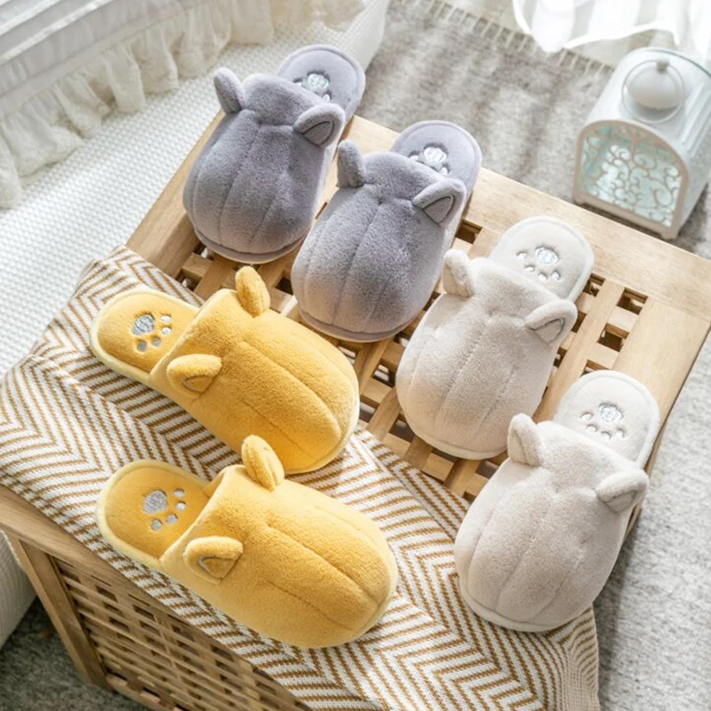 

Women Short Plush Slippers Women's Animal Ears Warm Winter Shoes Ladies Soft Indoor Flats Female Cute Furry Slippers New 2021