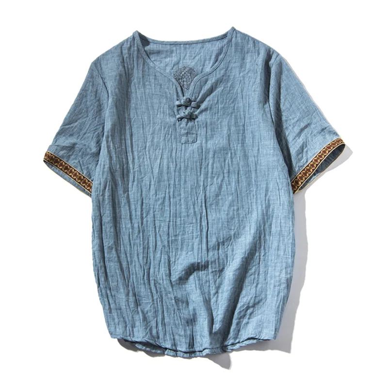 

New Arrival 2020 Short Sleeve Mens T Shirts Solid Color Chinese Style O-neck Tee Casual Cotton Linen Tops Oversized T Shirt