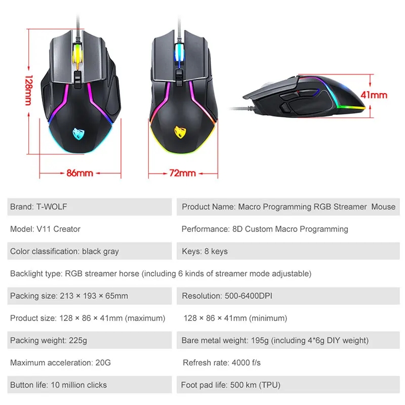 

RGB Gaming Mouse Wired Ergonomic Mouse Gamer 8D 6400 DPI Optical Computer Mouse Backlight Mechanical Mouse for PC Gamer laptop