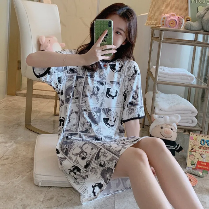 

Cartoon Princess Print Women Pajamas Large Size Summer Loose Nightgown O Neck Short Sleeve Nightdress Women Home Sleepwear