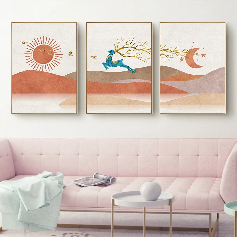 

Абстрактный настенный постер в скандинавском стиле с изображением лося Солнца и Луны, Современная Картина на холсте, домашний декор, картин...
