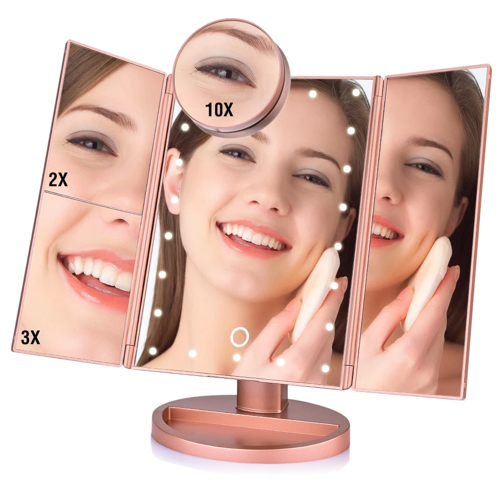 

Portable LED Lighted Makeup Mirror 3 Folding Vanity 2x/3x/10x Magnifying Mirrors Dual Power Supply Cosmetic Mirror For Beauty