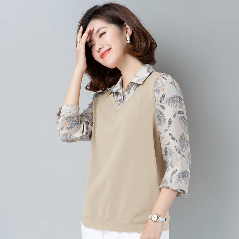 

3pcs/bag Spring and autumn new style commuter top women's Korean fashion fake two Lapel T-shirt loose and comfortable T-shirt