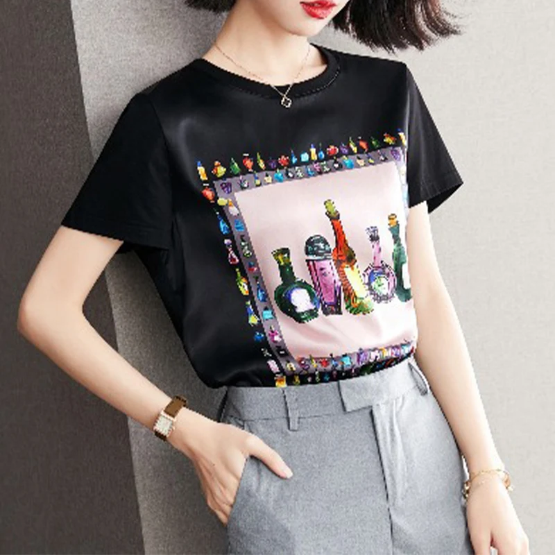 

Женские летние футболки в стиле Харадзюку, футболки в стиле пэчворк, женская одежда из полиэстера, повседневная короткая футболка с круглым...
