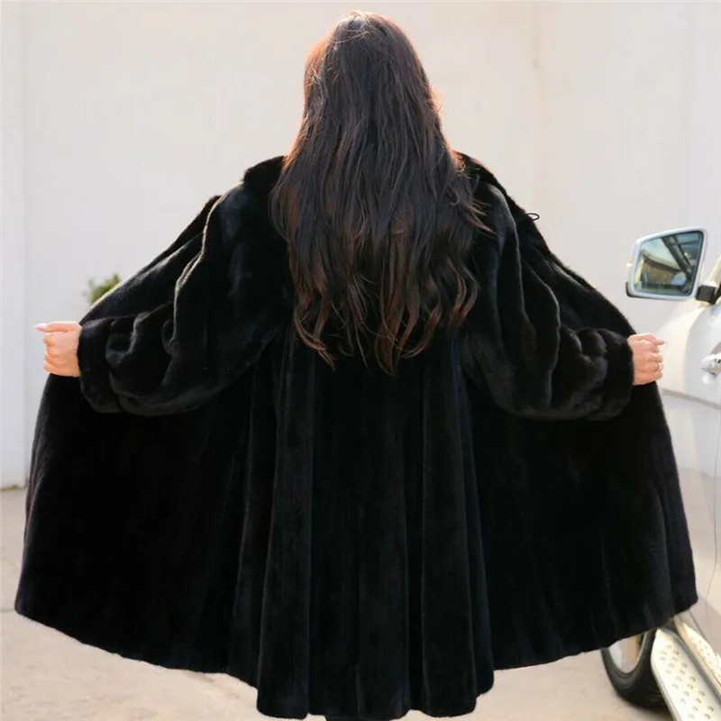 BFFUR Black Real Mink Fur Coats With Hood Women Winter Fashion Long Genuine Mink Fur Coat Luxury High Quality Fur Overcoats 2022