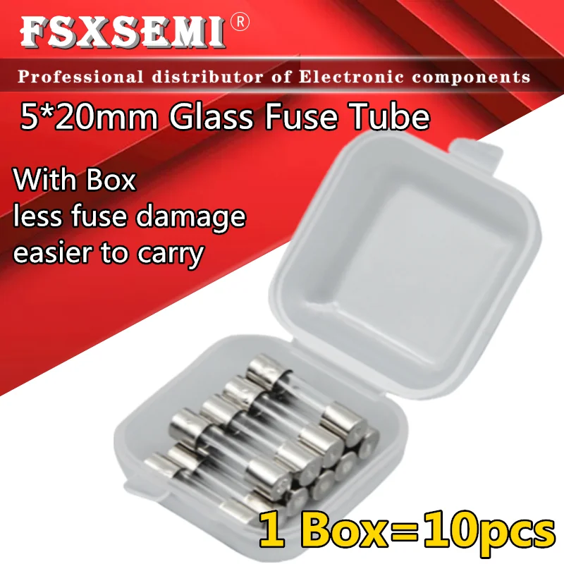 

10pcs/Box 5x20mm Glass fuse 0.1A 0.2A 0.5A 1A 2A 3A 4A 5A 8A 10A 15A 20A 25A 30A 250V 5*20mm fuse tube 5x20 with Box