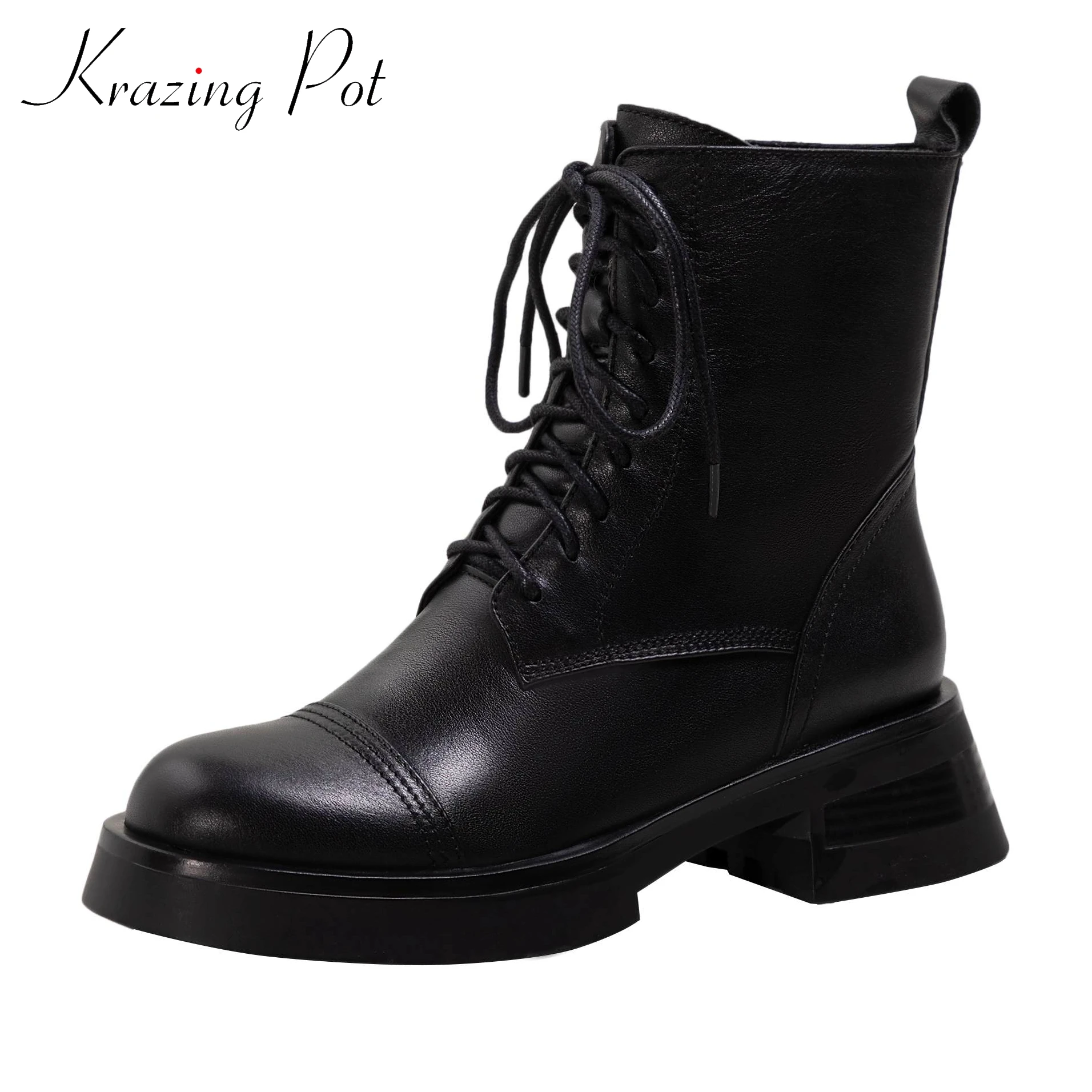 Beli Sepatu Boots Chelsea Fashion Tinggi Retro Hak Med Persegi Ujung Bundar Kulit Sapi Panci Krazing Sepatu Bot Pergelangan Kaki Diikat Silang Tetap Hangat L13