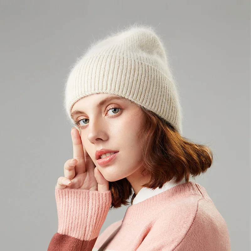Вязаные шапки, зимние женские шапки, теплые шапки Skullies Beanies, высококачественные женские шапки из кроличьей шерсти, женская шапка - Цвет: Бежевый