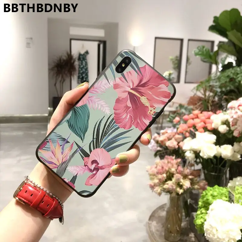 Phone Case Summer Palm Leaf Flowers Black Soft Shell Cover for iPhone 11 pro XS MAX 8 7 6 6S Plus X 5 5S SE XR case |