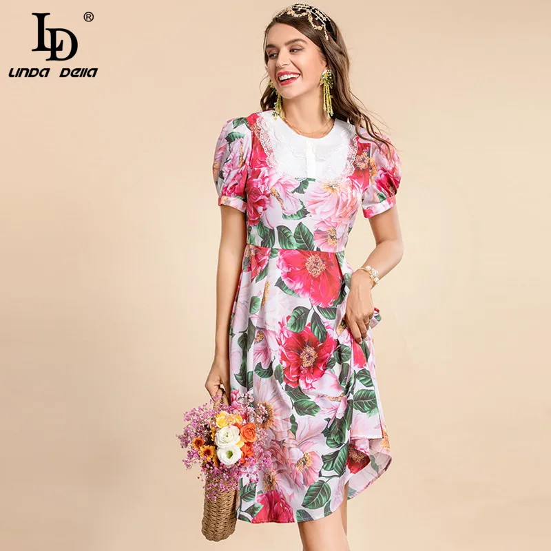 

LD LINDA DELLA Fashion Runway Summer Dress Women's Short sleeve Splice Vintage Embroidered Floral print Elegant Party Midi Dress