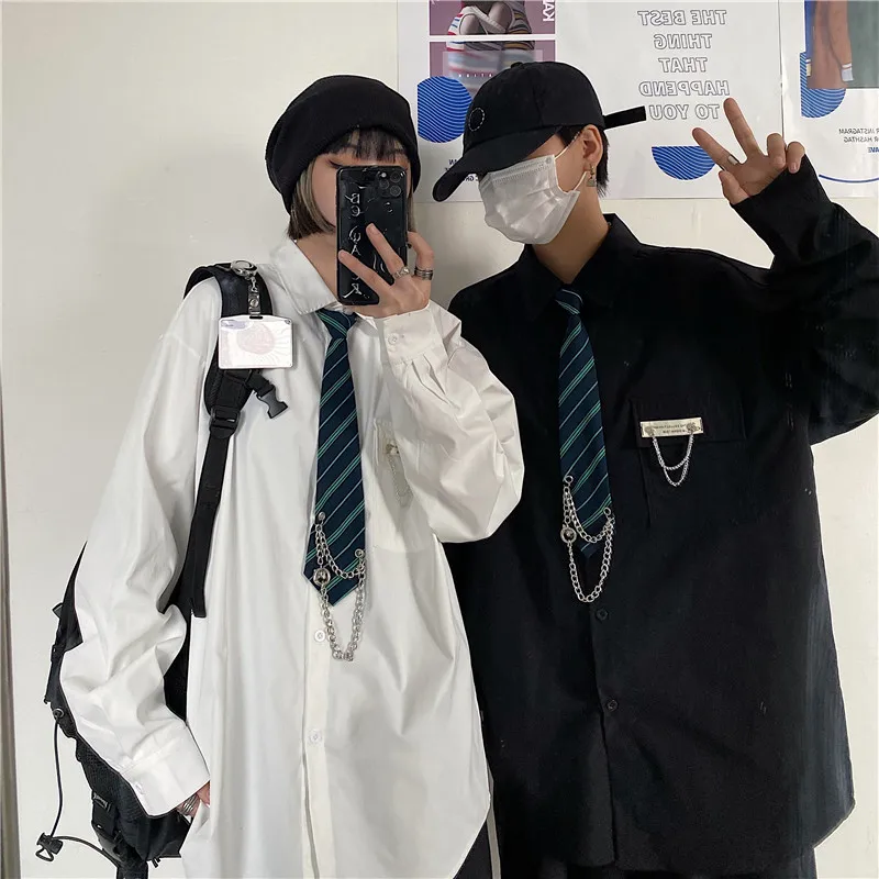 

Korean New Fashion Vintage Loose Men's and Women's Shirt Straight Bottoming Long Sleeve Oversize Shirt Spring with Striped Tie