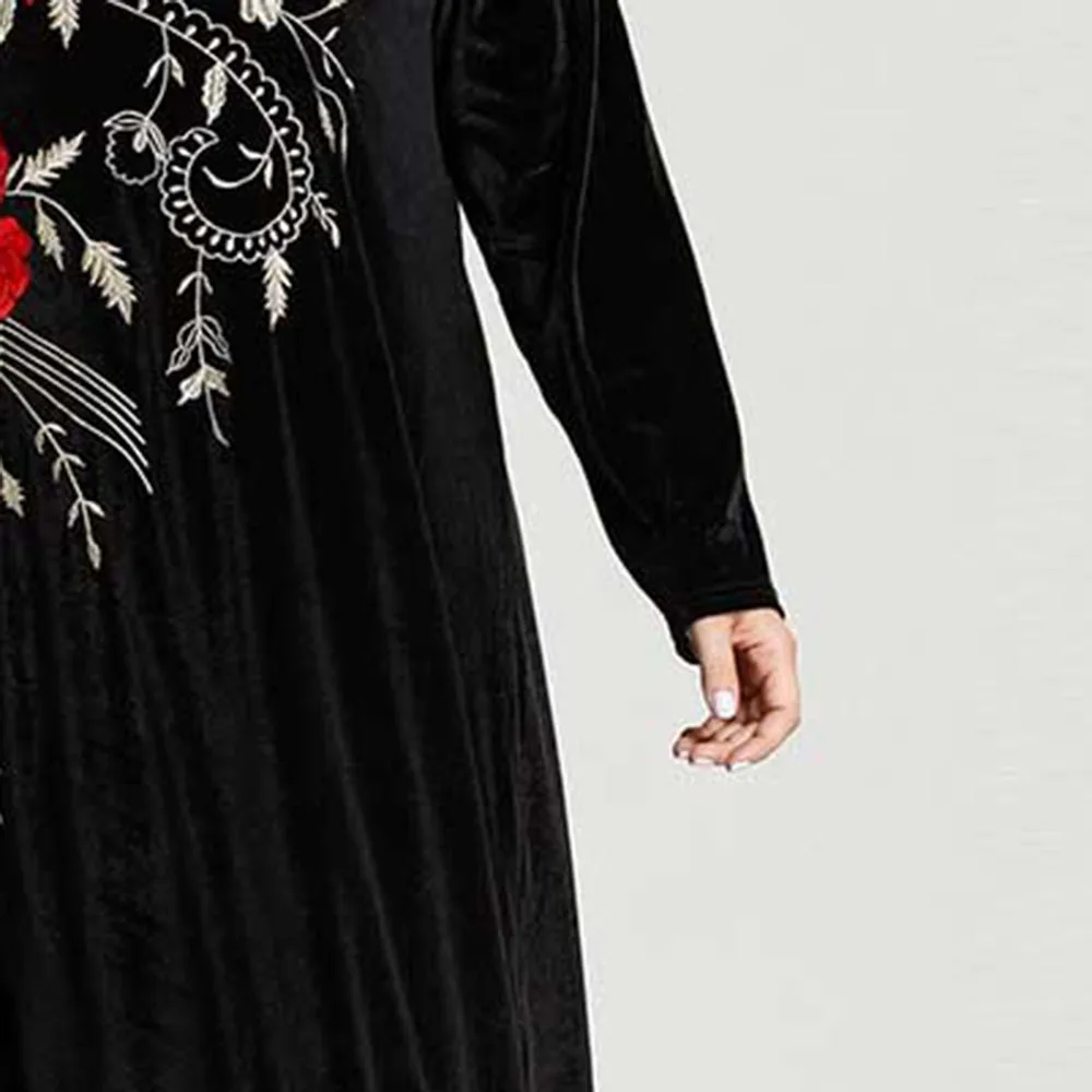 Зимнее бархатное платье для женщин мусульманские платья с вышивкой цветочные