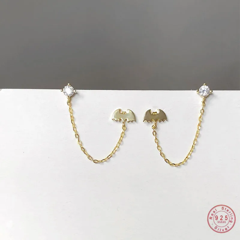 

925 Sterling Silver Bohemian Simple Bat Stud Earrings Women Chain Tassel Double Pierced Earrings Fashion Party Jewelry Gift