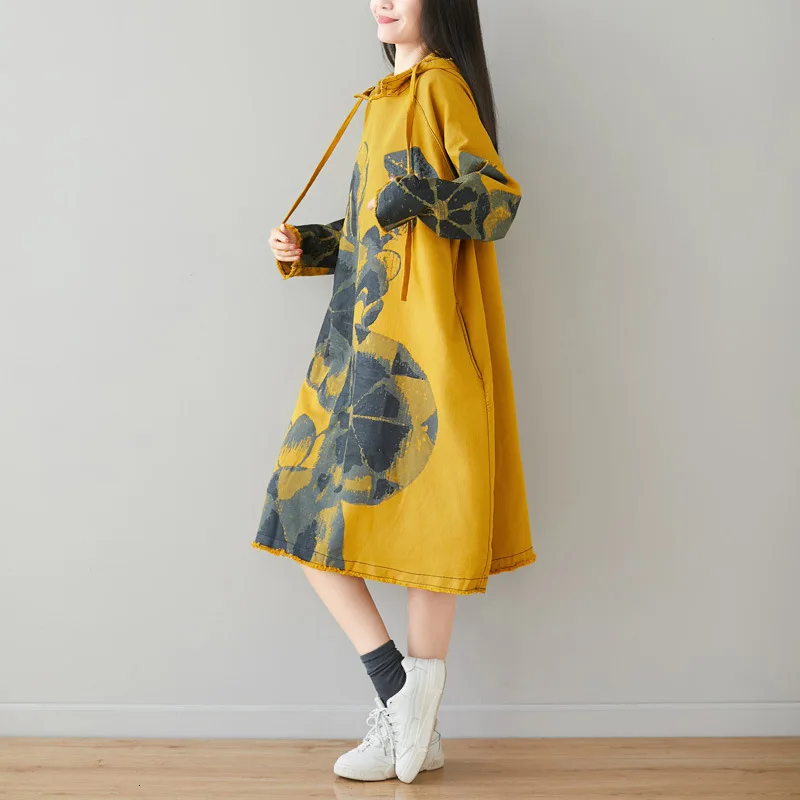 Baggy Hooded Pullovers Women Loose Cotton Oversized Drawstring Tops Japanese style Big Size Knitted cowboy print Sweatshirt | Женская