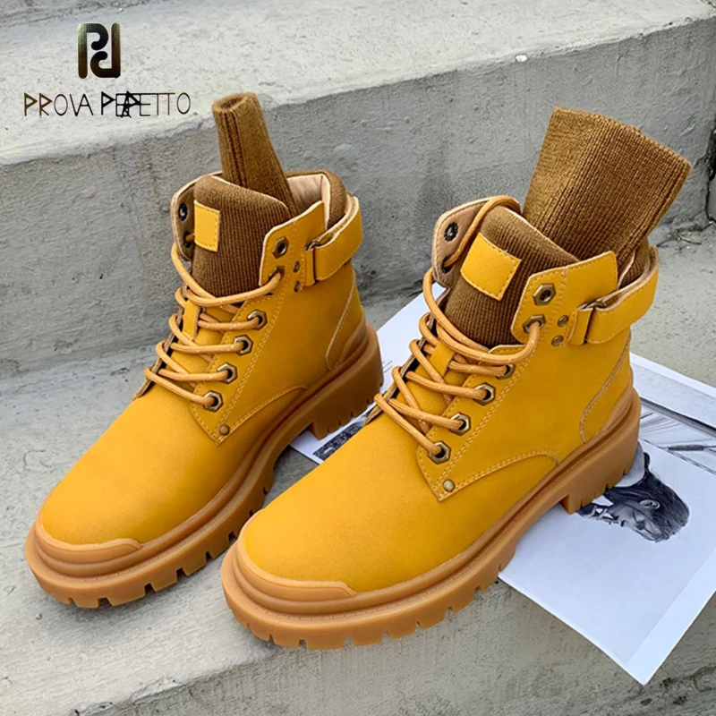 

Lace Thick-soled Cotton Shoes Snow Boots Women's 2020 New Wild genuine leather British Style High-top Stretch Socks Martin Boots