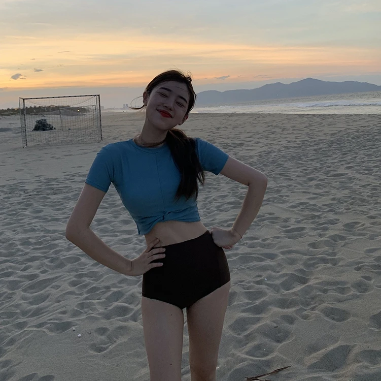 Корейское бикини Женский однотонный купальник пуш-ап с высокой талией